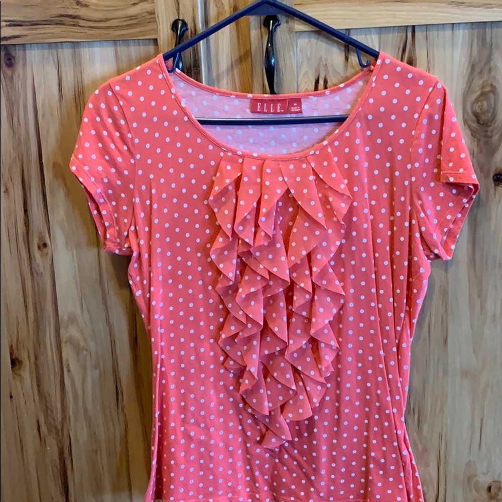 Coral and white polka dot shirt
